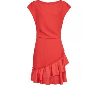 REISS Cecilia Frill-Detail Asymmetric Hem Dress Vermillion Sz 6-8 / M